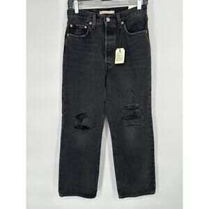 Levis Women Ribcage Straight Ankle Premium Jeans Button Fly Black Distress 27x27